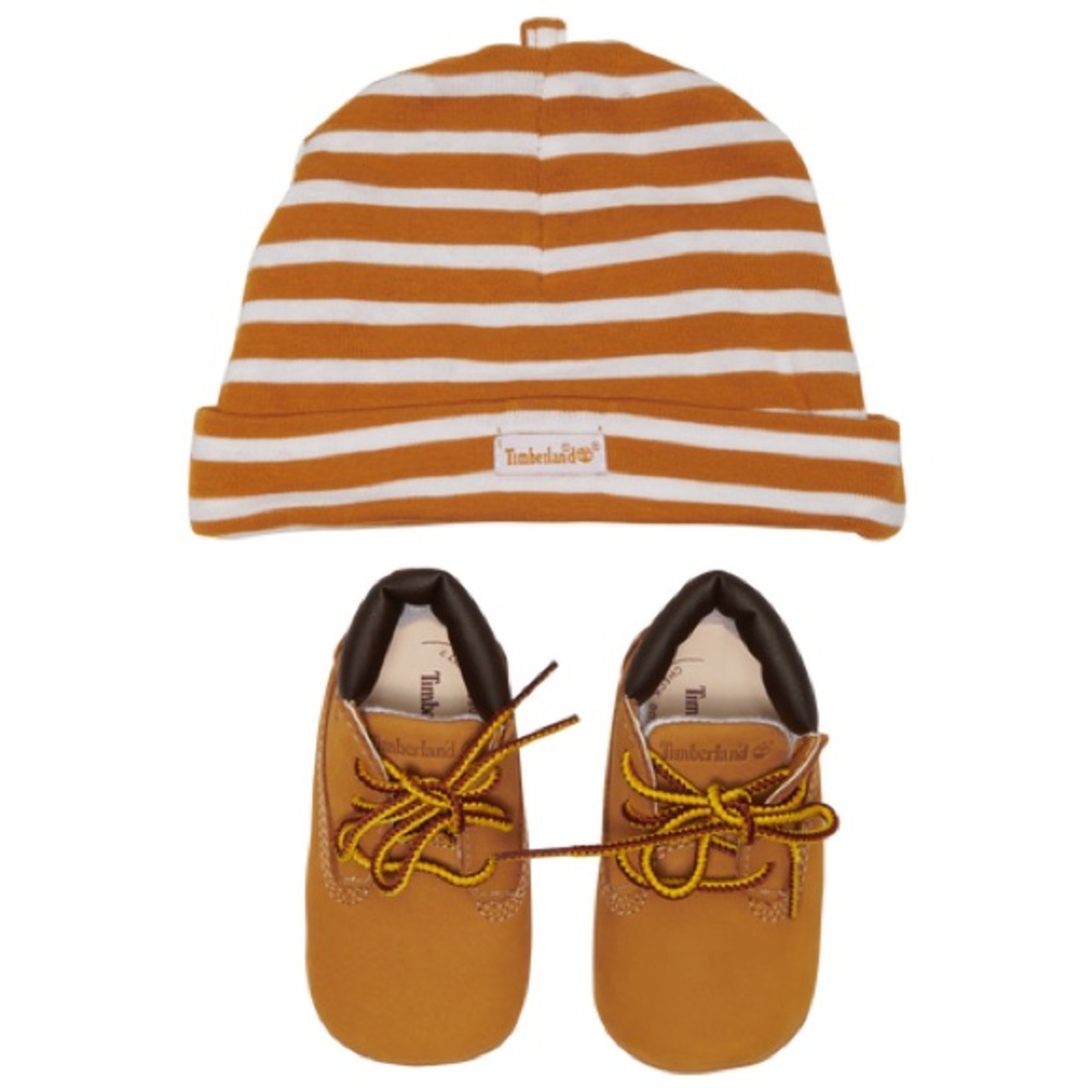 Size 3 Baby Timberland Tan Baby Shoes and Striped Hat Set